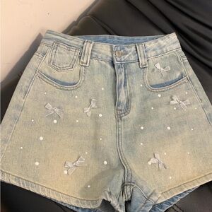 Light Blue Embellished Women's Jean Shorts